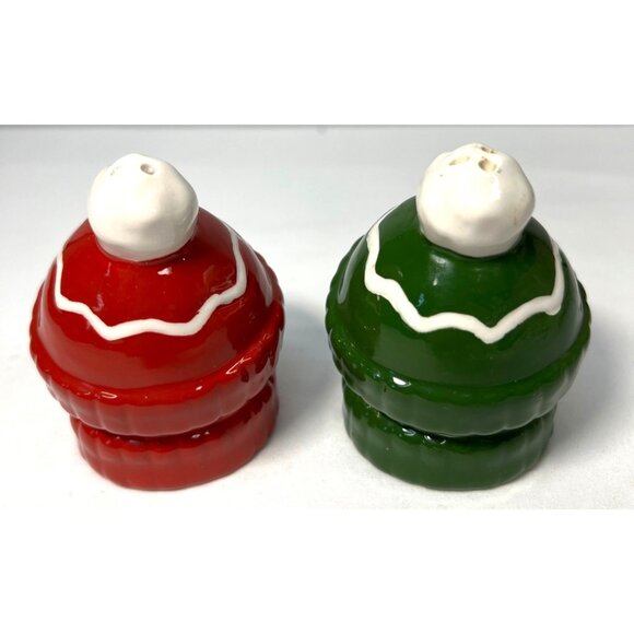 Snowman Salt & Pepper Shakers Ceramic Christmas Holiday Decor Red & Green - Picture 3 of 3